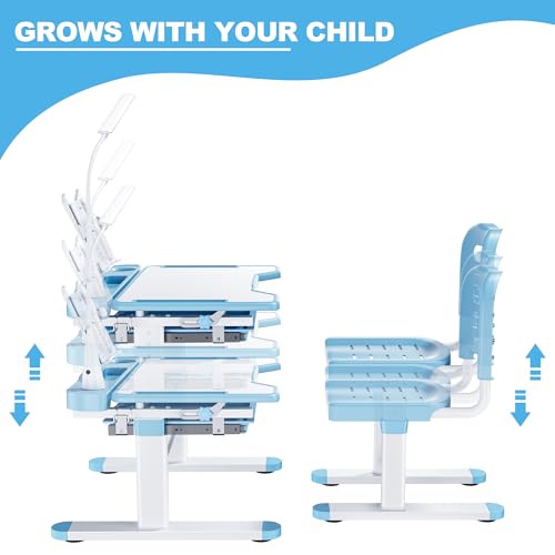 Height Adjustable Kids Study Desk and Chair Set with LED Lamp and Drawer