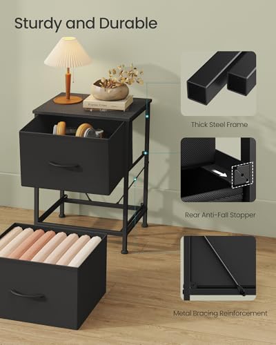 Modern 2-Drawer Nightstand, Bedside End Table with Steel Frame, Black