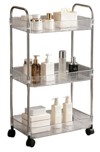 Clear 3-Tier Plastic Rolling Utility Cart with Wheels & Side Hooks