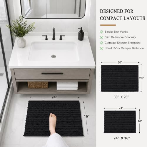 Arotive Black Bathroom Rug 24x16 - Soft Absorbent Chenille Shaggy Mat
