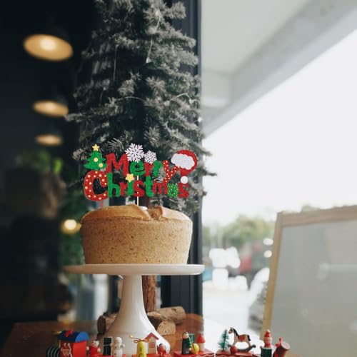 Green Christmas Cake Topper with Santa & Tree - Holiday Party Decoration