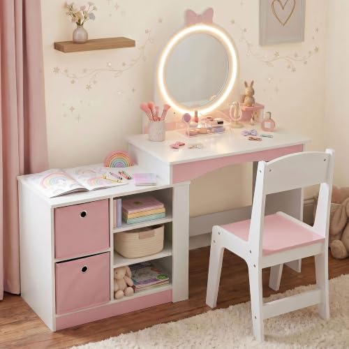 Kids Vanity Set with Lighted Mirror, Dual-Height Dress-Up Station and Chair