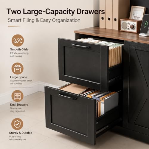 NORTHSKY 72-Inch Tall Bookshelf with Power Outlet & File Drawers - Black
