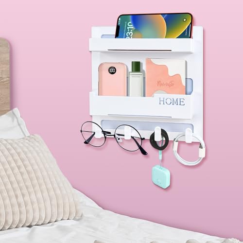 Wall-Mounted Bedside Shelf Organizer with Hooks, Adhesive Floating Caddy
