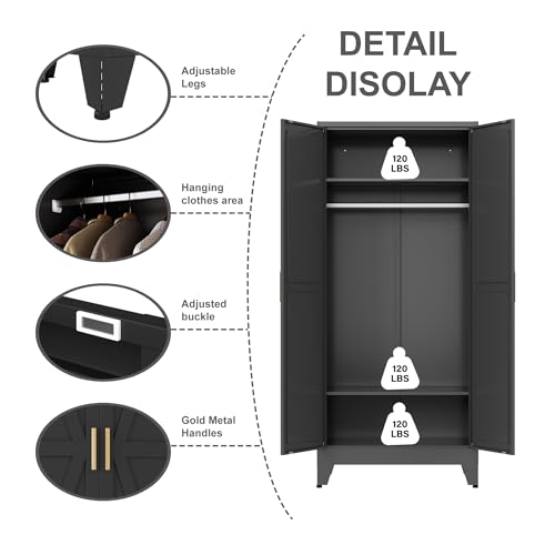 71-Inch Metal Wardrobe Closet with Hanging Rod, 2 Doors, and Shelves