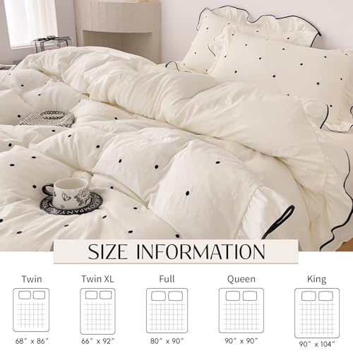 Queen Size Duvet Cover Set - Beige Polka Dot Ruffle Bedding with 2 Pillowcases