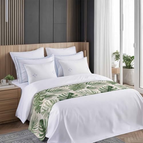 Green Monstera Deliciosa Bed Runner Scarf - Cal King Tropical Bed Throw