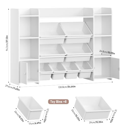 Kids Toy Storage Organizer with 8 Bins, Bookshelf and Cabinet, White