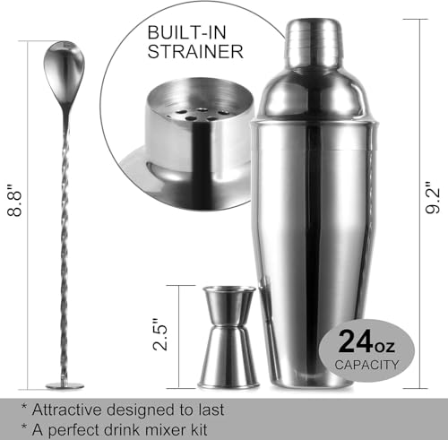 24oz Stainless Steel Cocktail Shaker Set with Built-in Strainer