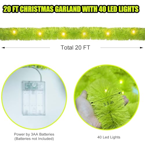 UZKEW 20 Feet Lemon Green Christmas Garland with Lights - Battery Operated, Pre-Lit, 40 Warm White LEDs, Indoor Outdoor Decor, Variation 1
