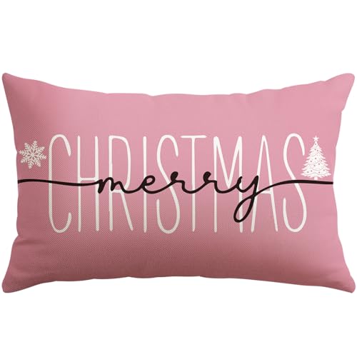 OTOSTAR Christmas Pillow Cover 12x20 Inch Pink Holiday Throw Pillowcase Winter Decor