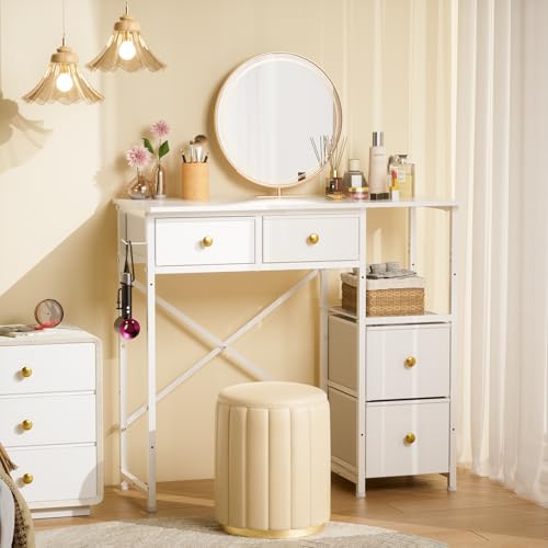Small White Vanity Desk with 4 Fabric Drawers, 33.5-Inch Dressing Table