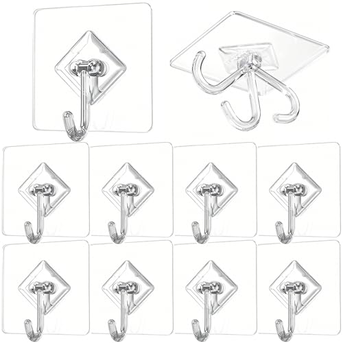 Large Adhesive Hooks 10-Pack - Transparent Wall Hangers for Christmas/Wreaths/Halloween, 33 lb Load, Traceless Hook for Keys & Towel