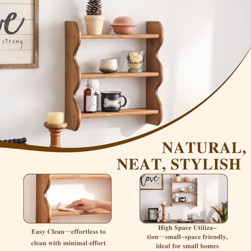 3-Tier Solid Wood Floating Wall Shelf - Rustic Farmhouse Storage Rack