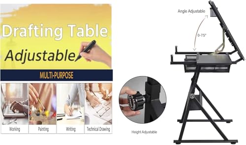 Adjustable Drafting Table with Tilting Glass Top and Storage Drawers