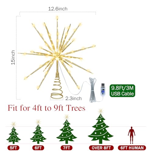 15-Inch Gold Starburst Christmas Tree Topper with 150 LEDs & Remote