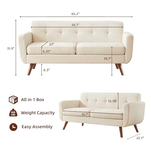 65-Inch Mid-Century Modern Loveseat Sofa, Upholstered Small Couch, Beige