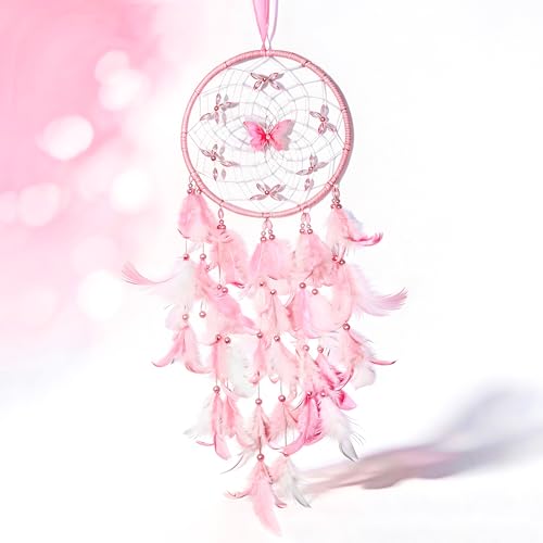 Pink Butterfly Dream Catcher for Girls Room Wall Decor with Gift Box