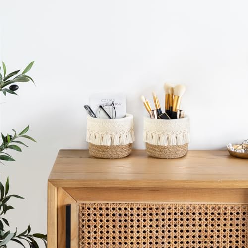 Mkono Mini Boho Macrame Makeup Brush Holder Set of 2 - Yellow & White, X-Small