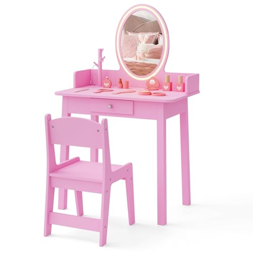Kids Vanity Table and Chair Set with LED Lighted Mirror and Storage Drawer