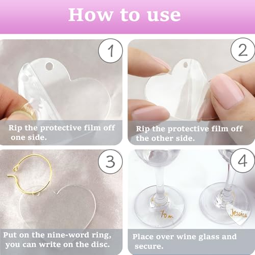 Valentine's Heart-Shaped Acrylic Wine Charms with Pearl Marker Pen - 50Pcs DIY Labels for Weddings & Parties