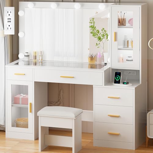 49.2" Large Glass Top Vanity Desk with Lighted Mirror and Stool