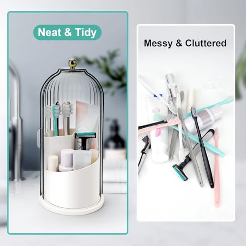 Rotating Toothbrush Holder with Sliding Lid, 3-Slot Bathroom Organizer