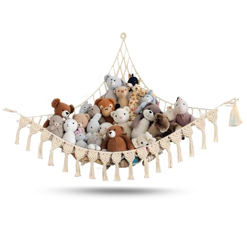 Extra Large Macrame Stuffed Animal Hammock with LED Lights, Cotton Toy Net