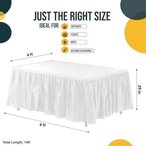 Disposable White Plastic Table Skirts, 14ft Adhesive Table Wrap, 6 Pack