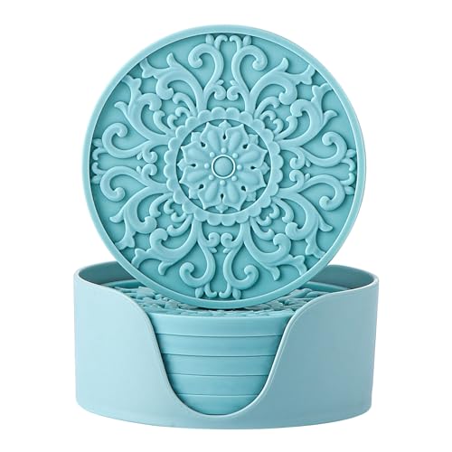 Colinda Turquoise Silicone Coasters Set of 6 with Holder - Non-Slip Drink Mats for Hot & Cold Beverages