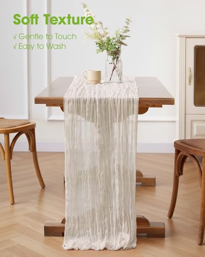 Pureegg Ivory 120-Inch Cheesecloth Table Runner - 2 Pack, 10ft, 12-24 in Drop