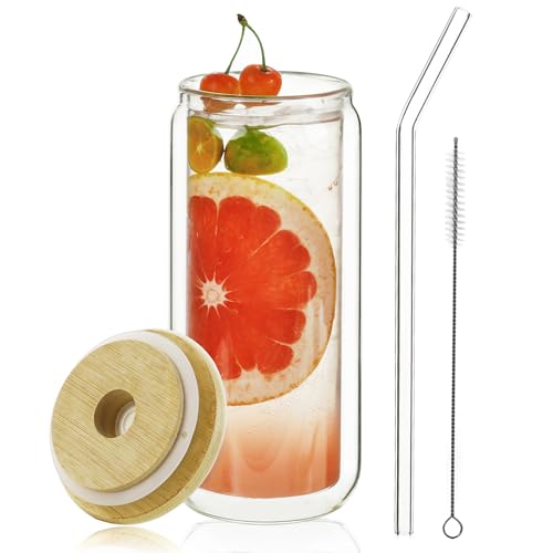 16oz Double Wall Glass Tumbler with Bamboo Lid and Straw - Insulated Cup