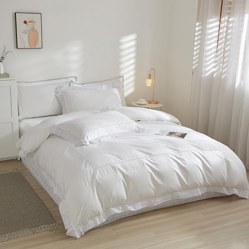 100% Cotton White Duvet Cover with Lace Trim - 90x90 Inches
