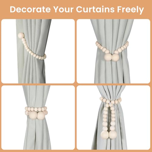 Magnetic Wood Bead Curtain Tiebacks, 2-Pack - No-Drill Drape Holdbacks