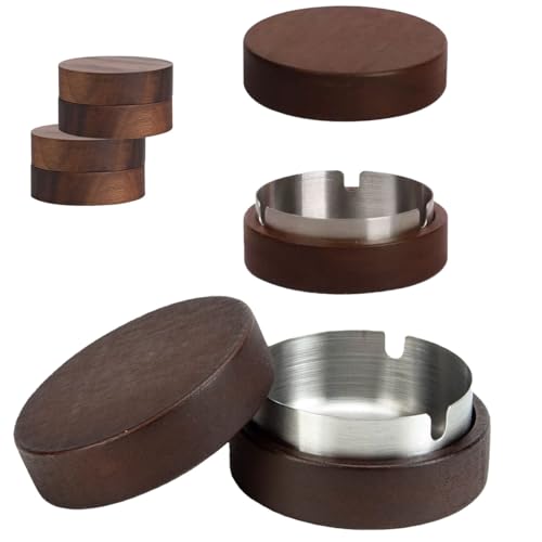 2-Pack Wooden Ashtray with Lid - Smokeless Stainless Steel Outdoor Tray