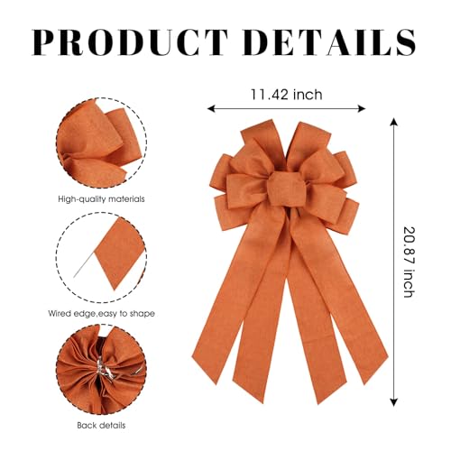 Orange Large Bow for Wreath & Tree Topper - 11x21 Inch Wired Faux Linen
