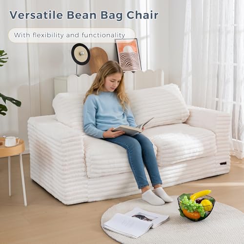 Large Bean Bag Loveseat Sofa with Pillows, Plush Faux Fur Floor Couch, White