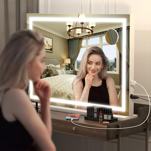 Hasipu White 28x20 Inch LED Lighted Makeup Vanity Mirror with Dimmable Touch Control