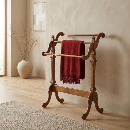 Wooden Blanket Stand with Trestle Base, Vintage Oak Finish Quilt Rack