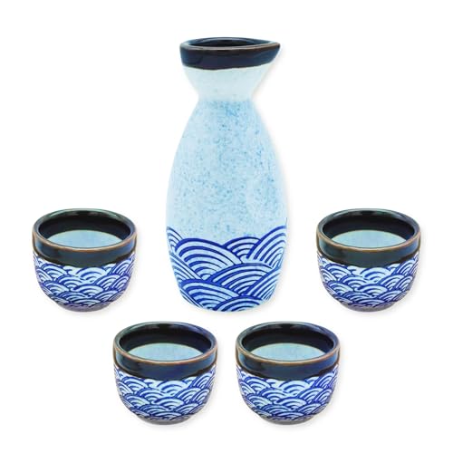 Japanese Porcelain Sake Set – 1 Bottle & 4 Cups with Blue Wave Pattern, KeQiu
