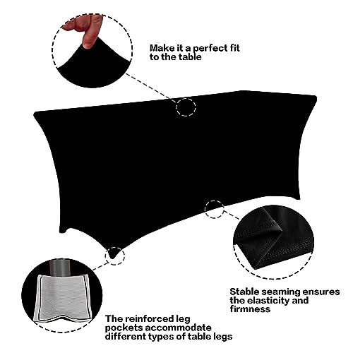 6ft Black Fitted Spandex Tablecloth - Rectangular Stretch Covers (2-Pack)
