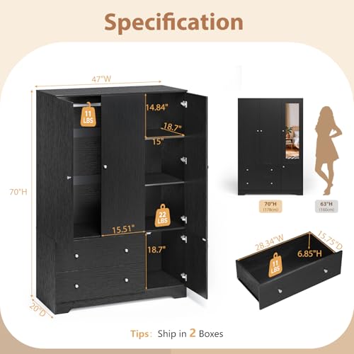 4-Door Freestanding Wardrobe Closet with Mirror, Drawers and Hanging Rods