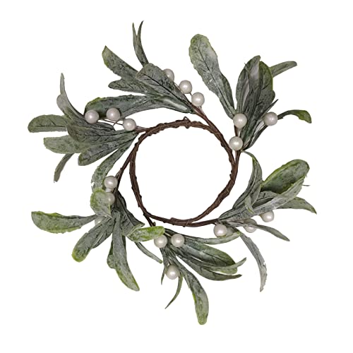 Frosted Mistletoe Candle Rings for Pillar Candles - Set of 2 Holiday Wreaths