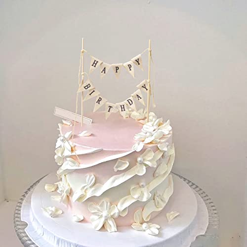 Happy Birthday Cake Topper - Reusable Ivory Cotton Banner Decoration