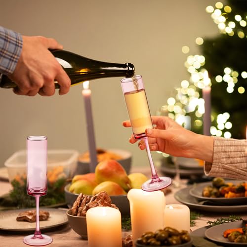 Pink Champagne Flutes Set of 6 - 6 OZ Hand Blown Crystal Wine Glasses for Wedding & Celebrations (Variation: Pink / 6 PCS)