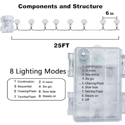 Dazzle Bright 2 Pack Snowflake String Lights 100LED 50ft Battery Operated Multicolor 8 Modes Indoor Outdoor