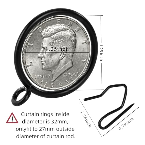 24-Piece Metal Curtain Rings with Hooks, 1.25-Inch Inner Diameter, Black