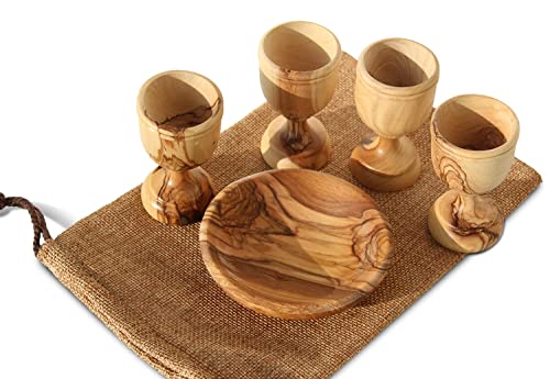 Hand-Carved Olive Wood Communion Set - 4 Goblets and Bread Plate Tray