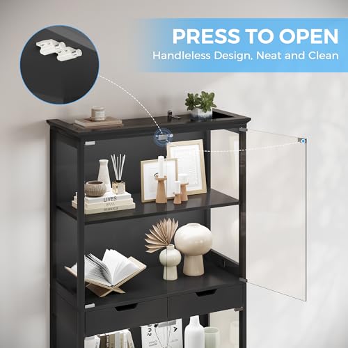 4-Tier Glass Display Cabinet with RGB Lights, Motion Sensor & 2 Drawers