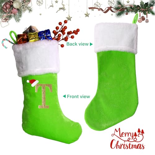 20-Inch Monogram Green Velvet Christmas Stocking with White Plush Cuff